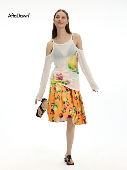 AFTADAWN White Floral Print Slight Shoulder Cutout Women&