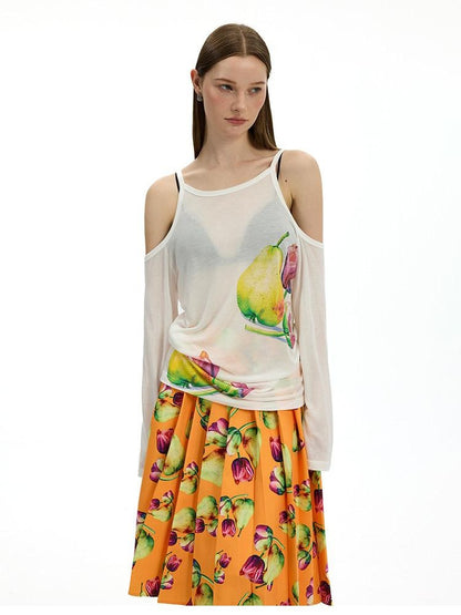 AFTADAWN White Floral Print Slight Shoulder Cutout Women&