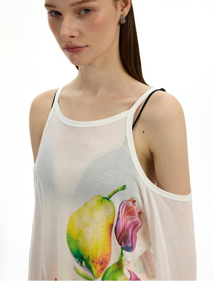 AFTADAWN White Floral Print Slight Shoulder Cutout Women&