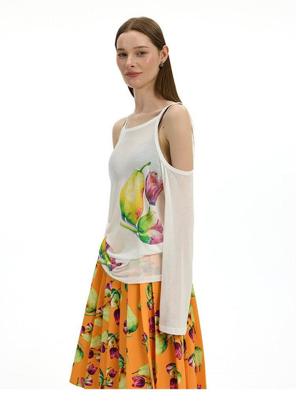 AFTADAWN White Floral Print Slight Shoulder Cutout Women&