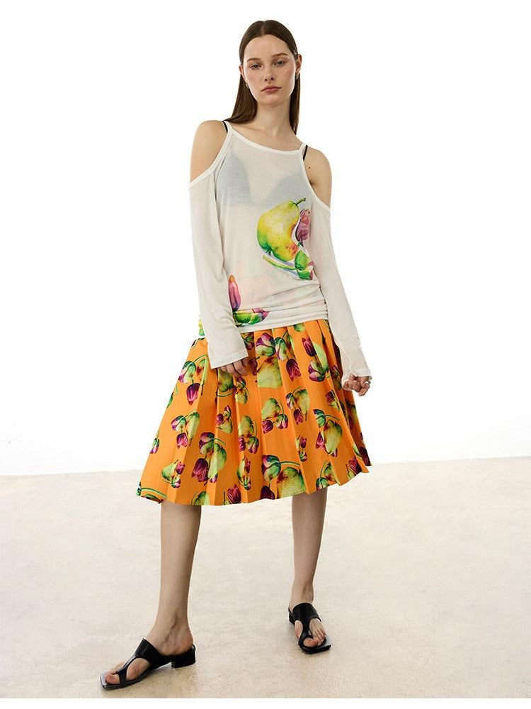 AFTADAWN White Floral Print Slight Shoulder Cutout Women&