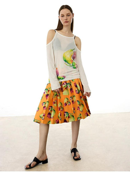 AFTADAWN White Floral Print Slight Shoulder Cutout Women&