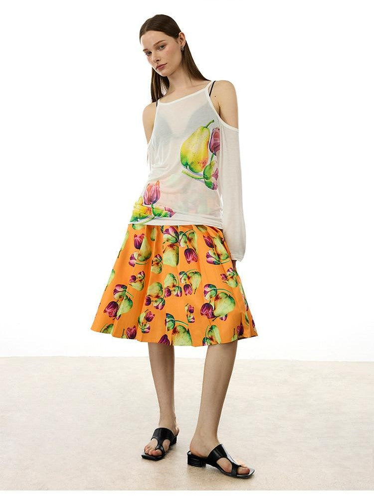 AFTADAWN White Floral Print Slight Shoulder Cutout Women&
