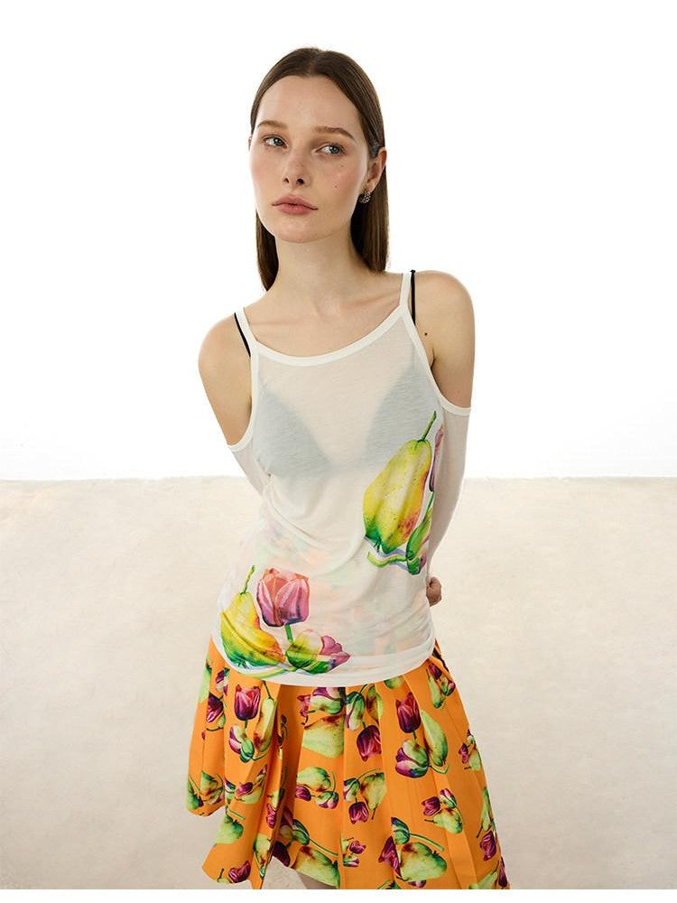AFTADAWN White Floral Print Slight Shoulder Cutout Women&