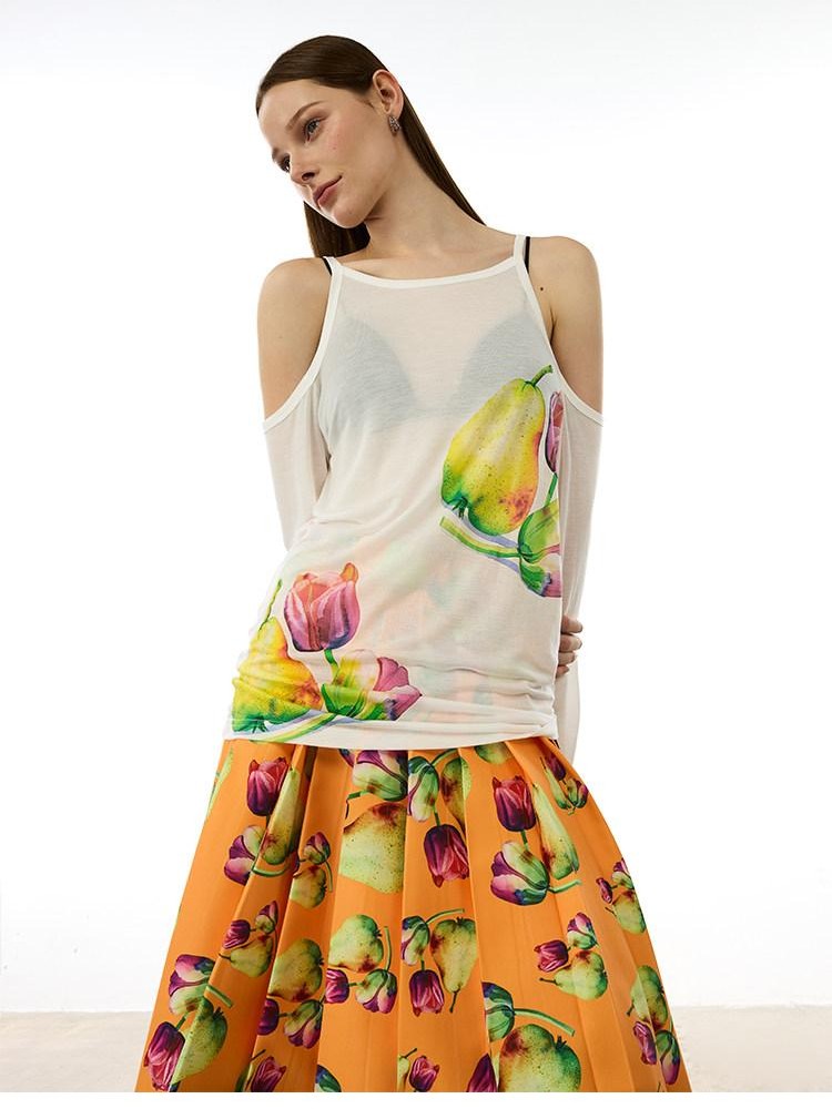 AFTADAWN White Floral Print Slight Shoulder Cutout Women&