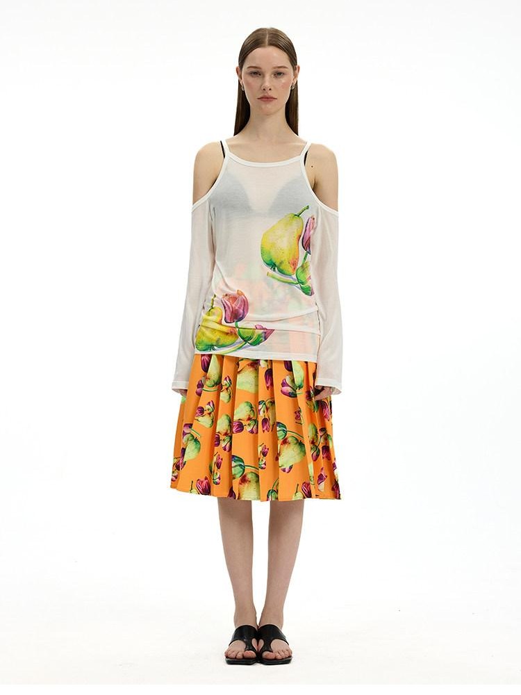 AFTADAWN White Floral Print Slight Shoulder Cutout Women&