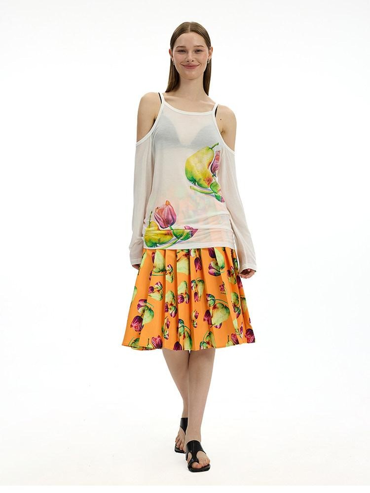 AFTADAWN White Floral Print Slight Shoulder Cutout Women&