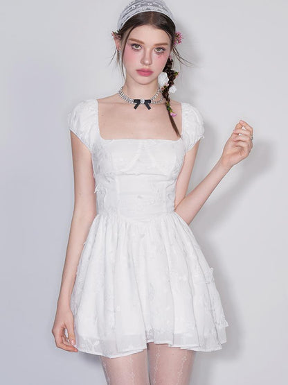 White Gardenia Butterfly Embroidered Dress V-neck T-shirt Long-Sleeve