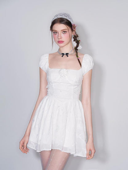 White Gardenia Butterfly Embroidered Dress V-neck T-shirt Long-Sleeve