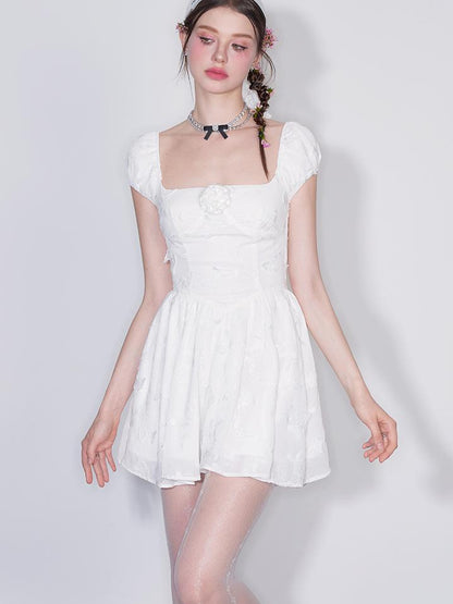 White Gardenia Butterfly Embroidered Dress V-neck T-shirt Long-Sleeve