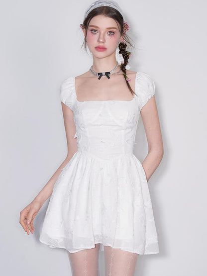 White Gardenia Butterfly Embroidered Dress V-neck T-shirt Long-Sleeve