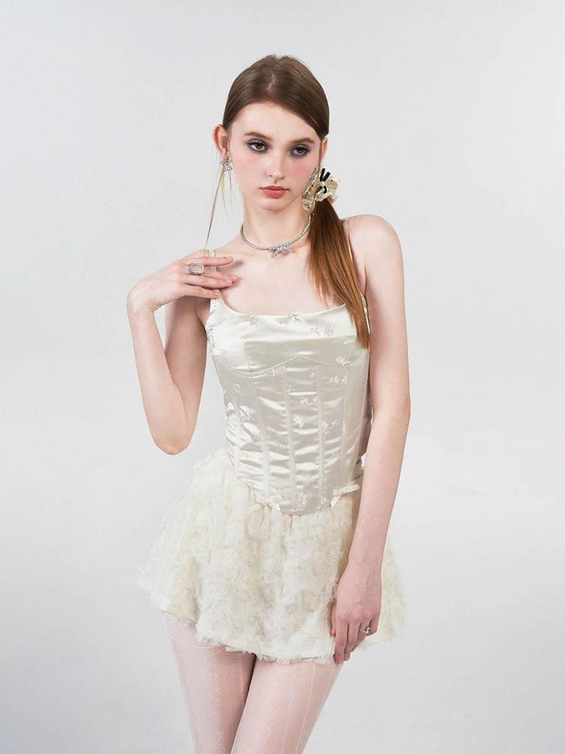 AFTADAWN White Satin Jacquard Embroidered Boned Waist Women&