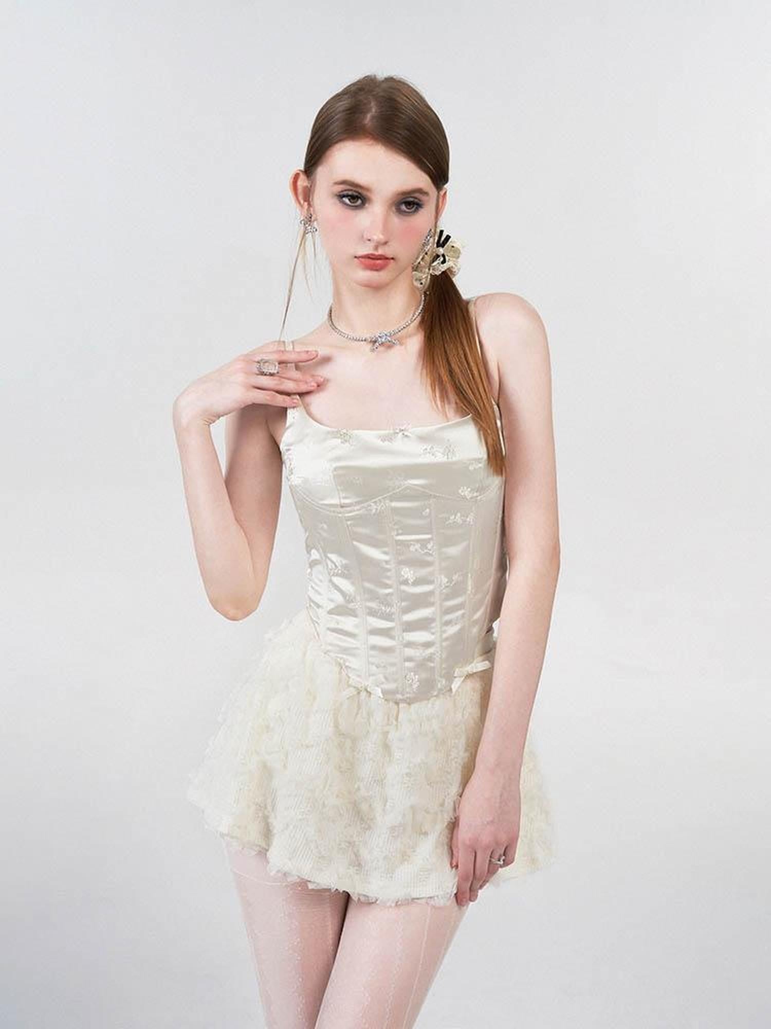AFTADAWN White Satin Jacquard Embroidered Boned Waist Women&