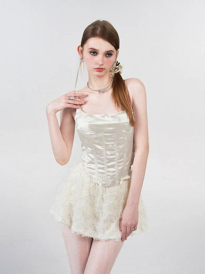 AFTADAWN White Satin Jacquard Embroidered Boned Waist Women&