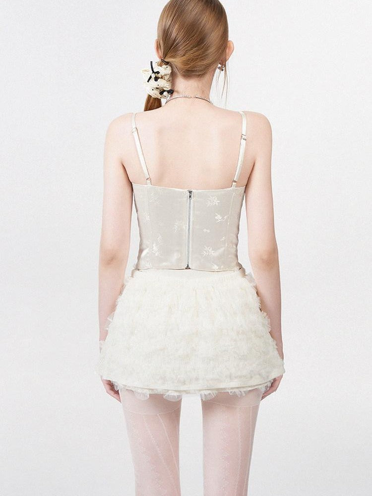 AFTADAWN White Satin Jacquard Embroidered Boned Waist Women&