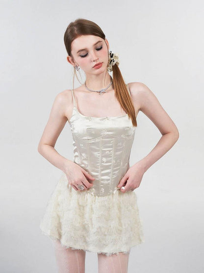 AFTADAWN White Satin Jacquard Embroidered Boned Waist Women&
