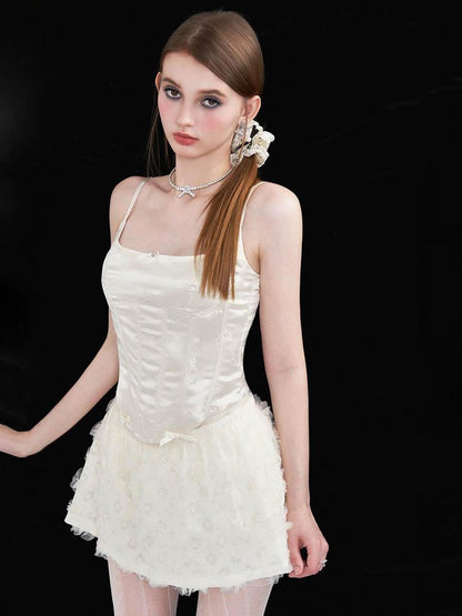 AFTADAWN White Satin Jacquard Embroidered Boned Waist Women&