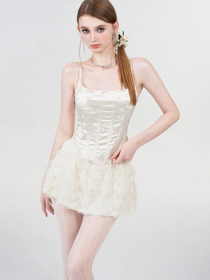 AFTADAWN White Satin Jacquard Embroidered Boned Waist Women&