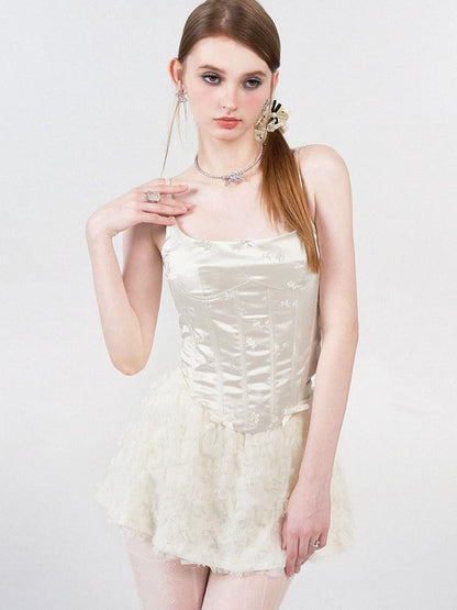 AFTADAWN White Satin Jacquard Embroidered Boned Waist Women&