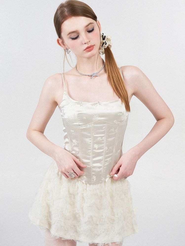AFTADAWN White Satin Jacquard Embroidered Boned Waist Women&