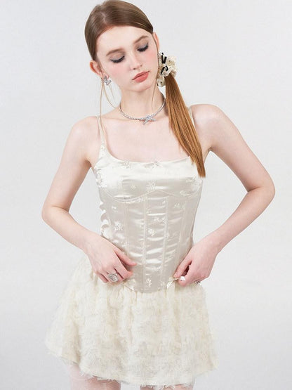 AFTADAWN White Satin Jacquard Embroidered Boned Waist Women&