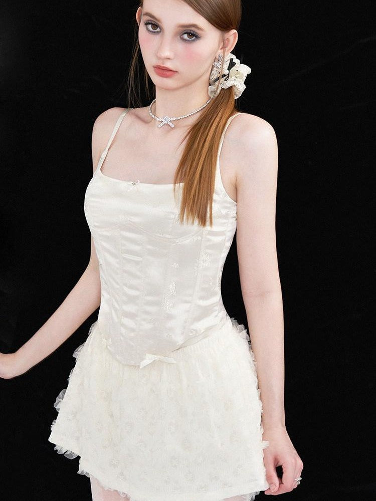 AFTADAWN White Satin Jacquard Embroidered Boned Waist Women&