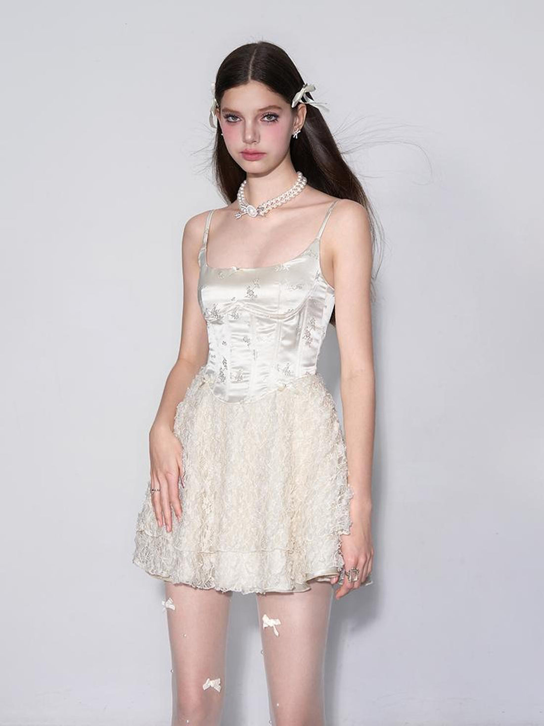 AFTADAWN White Tea Lace Embroidered Corset Bustier Dress V-neck Long-Sleeve