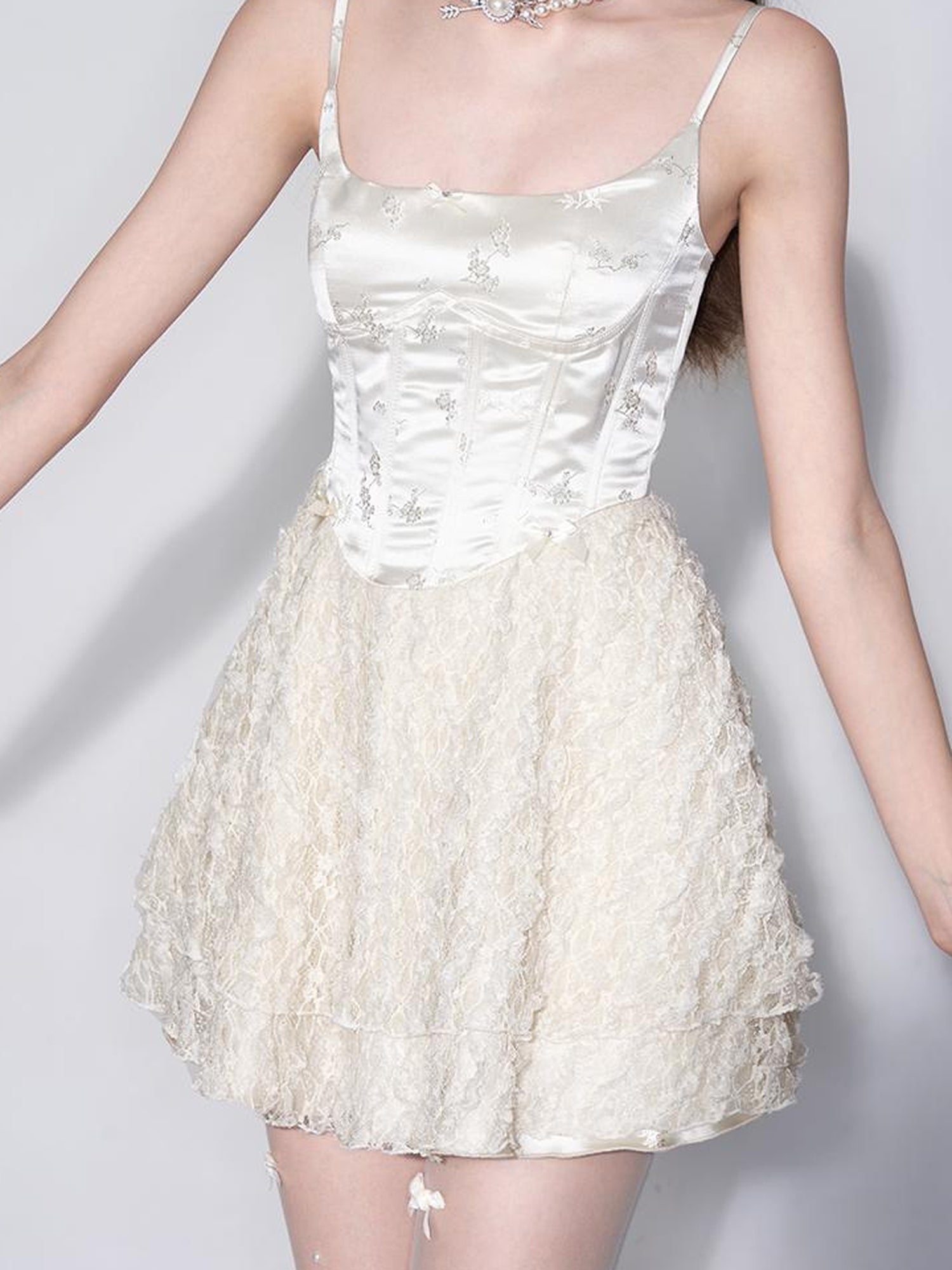 AFTADAWN White Tea Lace Embroidered Corset Bustier Dress V-neck Long-Sleeve