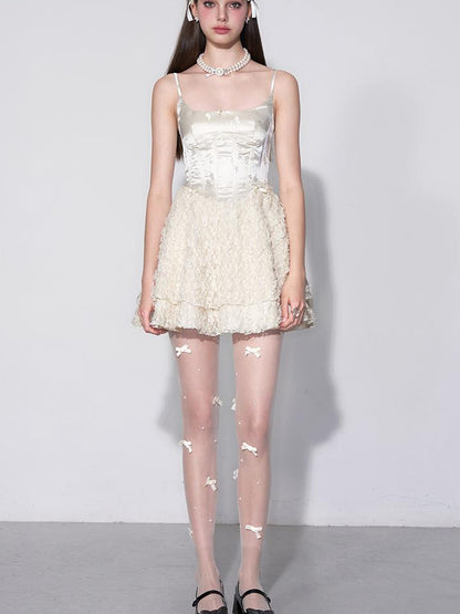 AFTADAWN White Tea Lace Embroidered Corset Bustier Dress V-neck Long-Sleeve