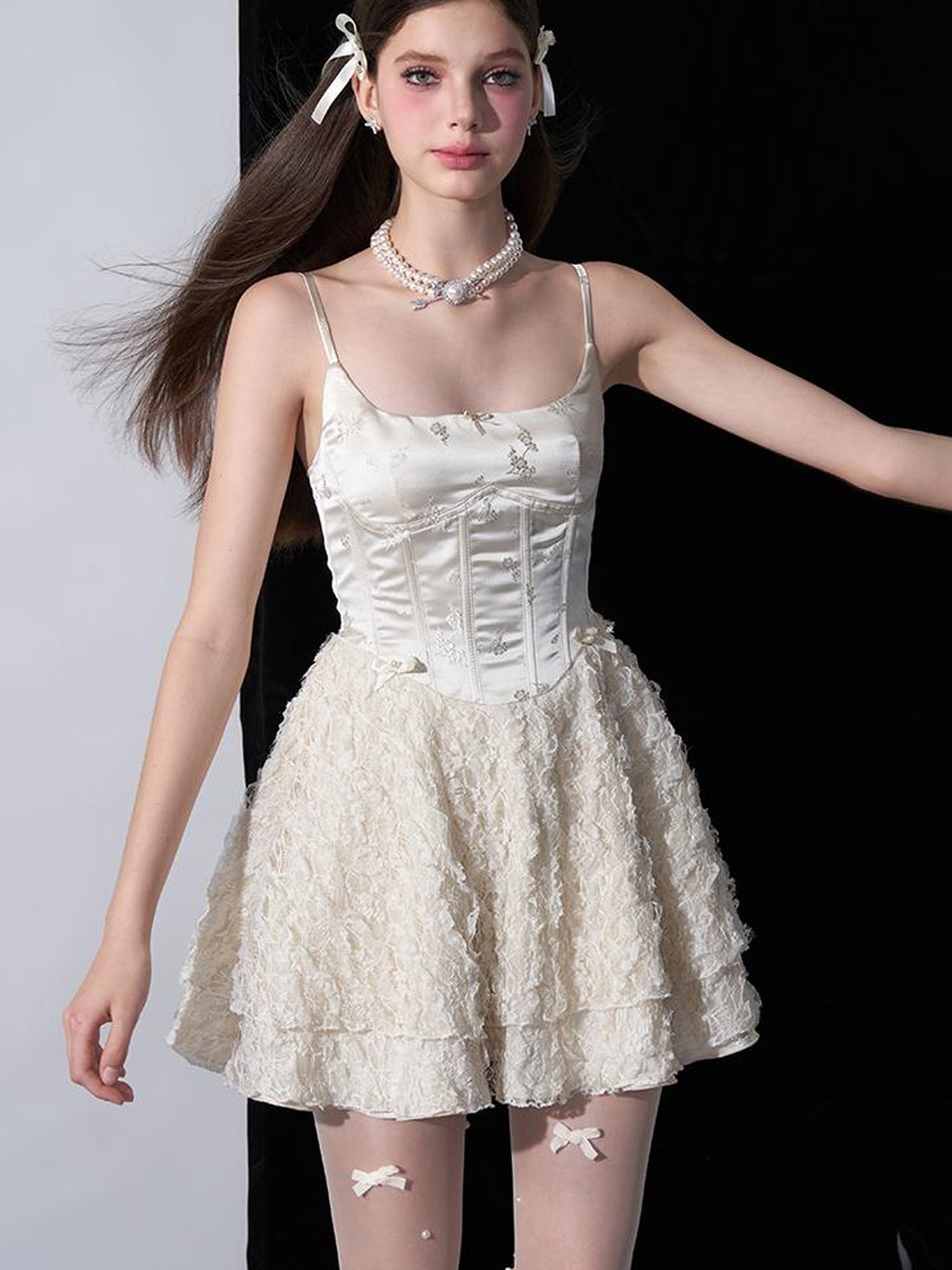 AFTADAWN White Tea Lace Embroidered Corset Bustier Dress V-neck Long-Sleeve