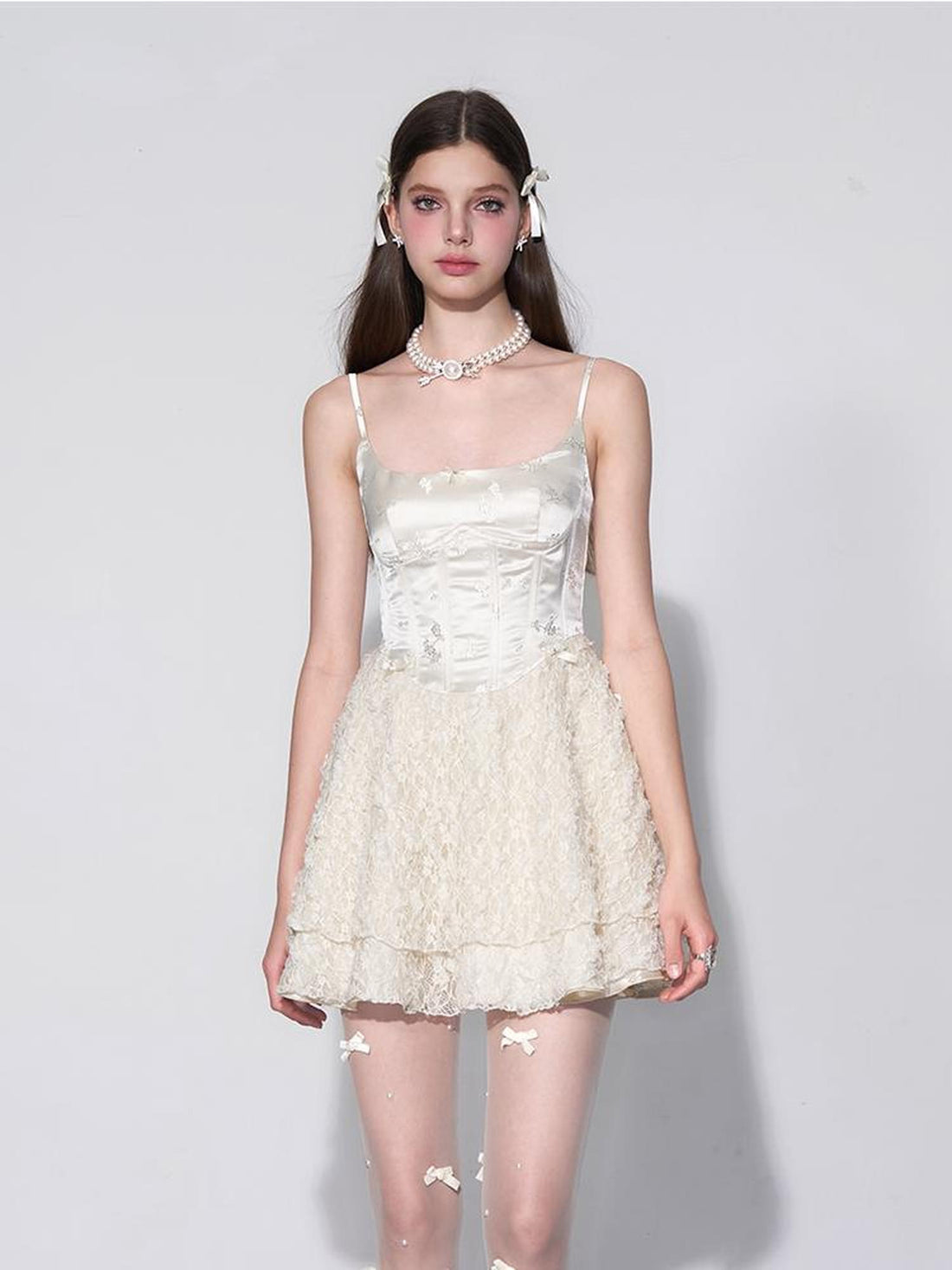 AFTADAWN White Tea Lace Embroidered Corset Bustier Dress V-neck Long-Sleeve