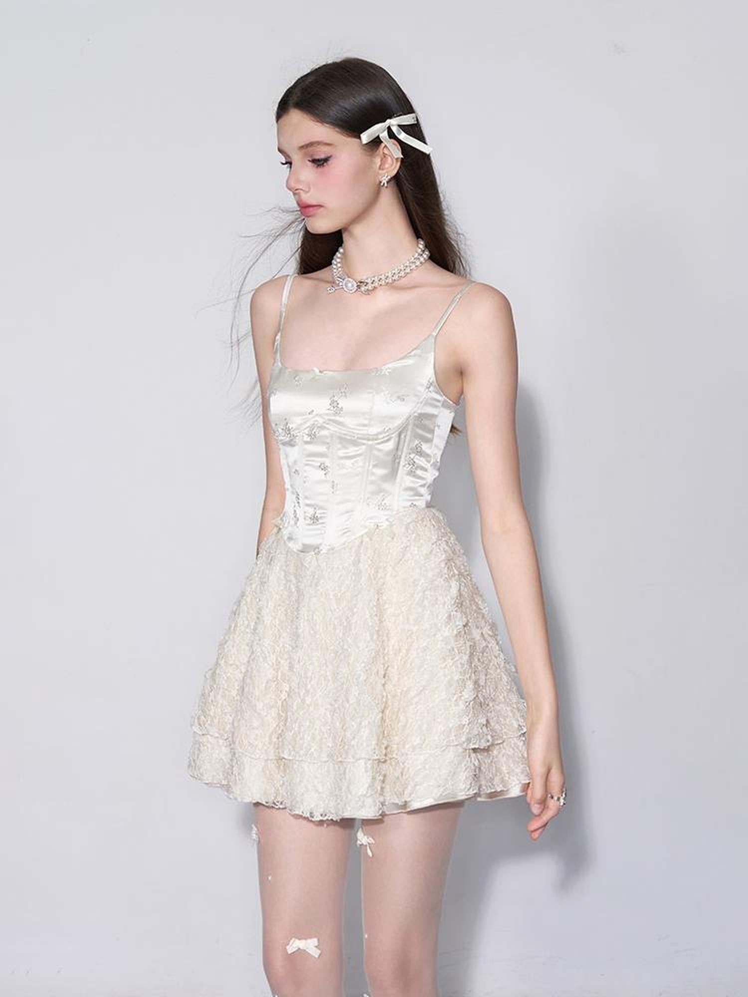 AFTADAWN White Tea Lace Embroidered Corset Bustier Dress V-neck Long-Sleeve