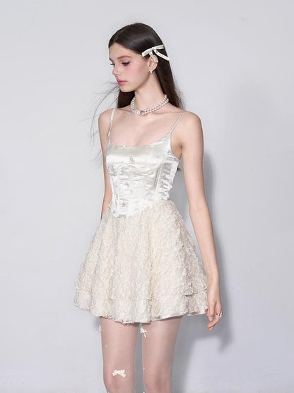 AFTADAWN White Tea Lace Embroidered Corset Bustier Dress V-neck Long-Sleeve