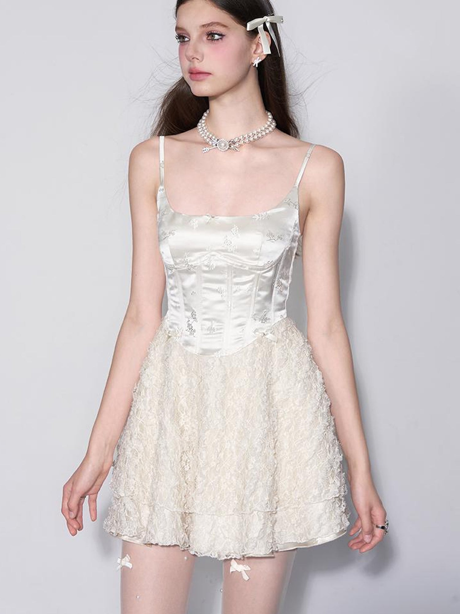 AFTADAWN White Tea Lace Embroidered Corset Bustier Dress V-neck Long-Sleeve