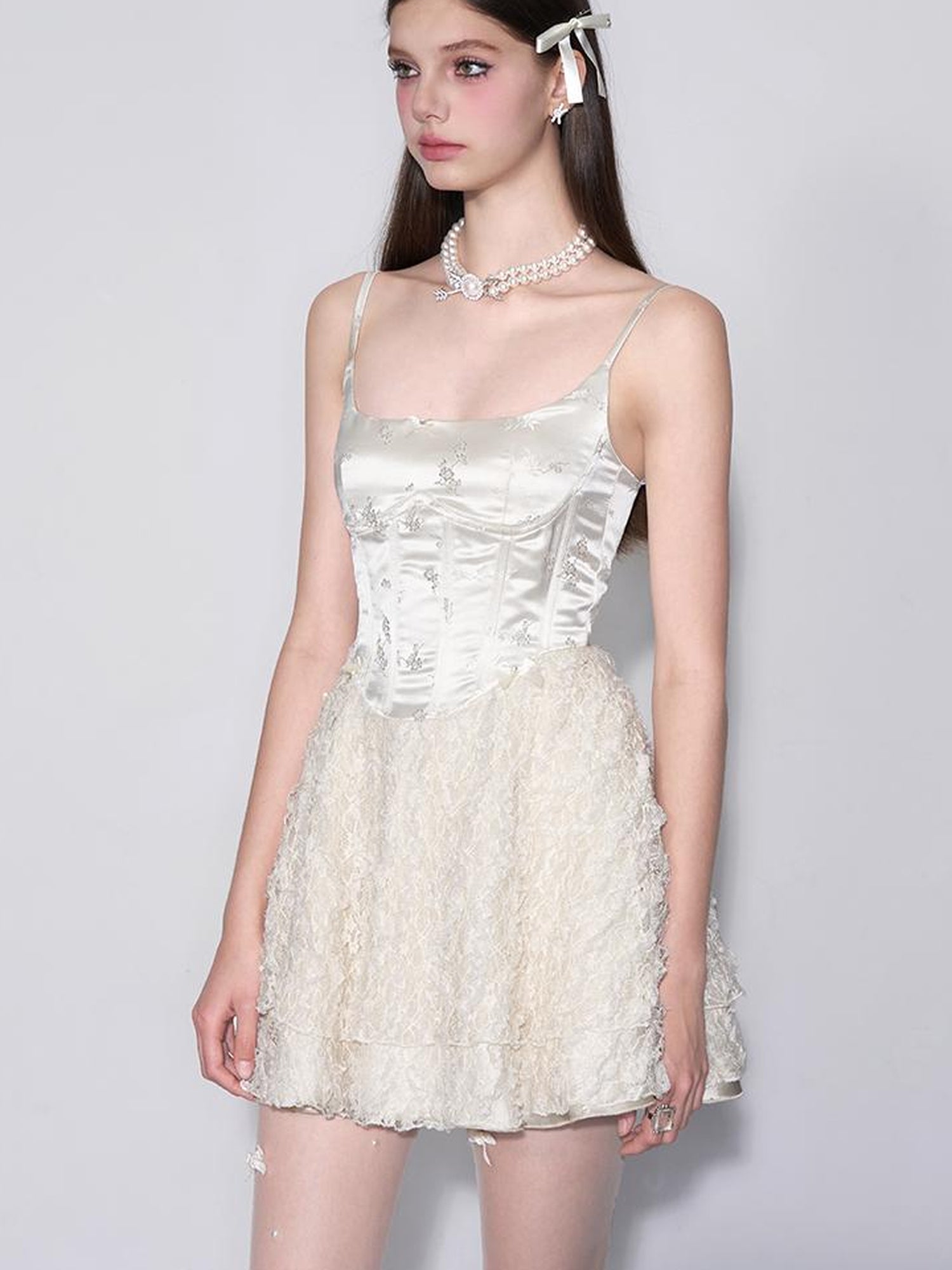AFTADAWN White Tea Lace Embroidered Corset Bustier Dress V-neck Long-Sleeve