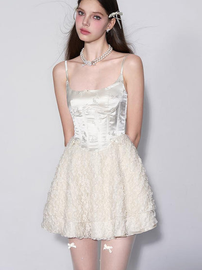 AFTADAWN White Tea Lace Embroidered Corset Bustier Dress V-neck Long-Sleeve