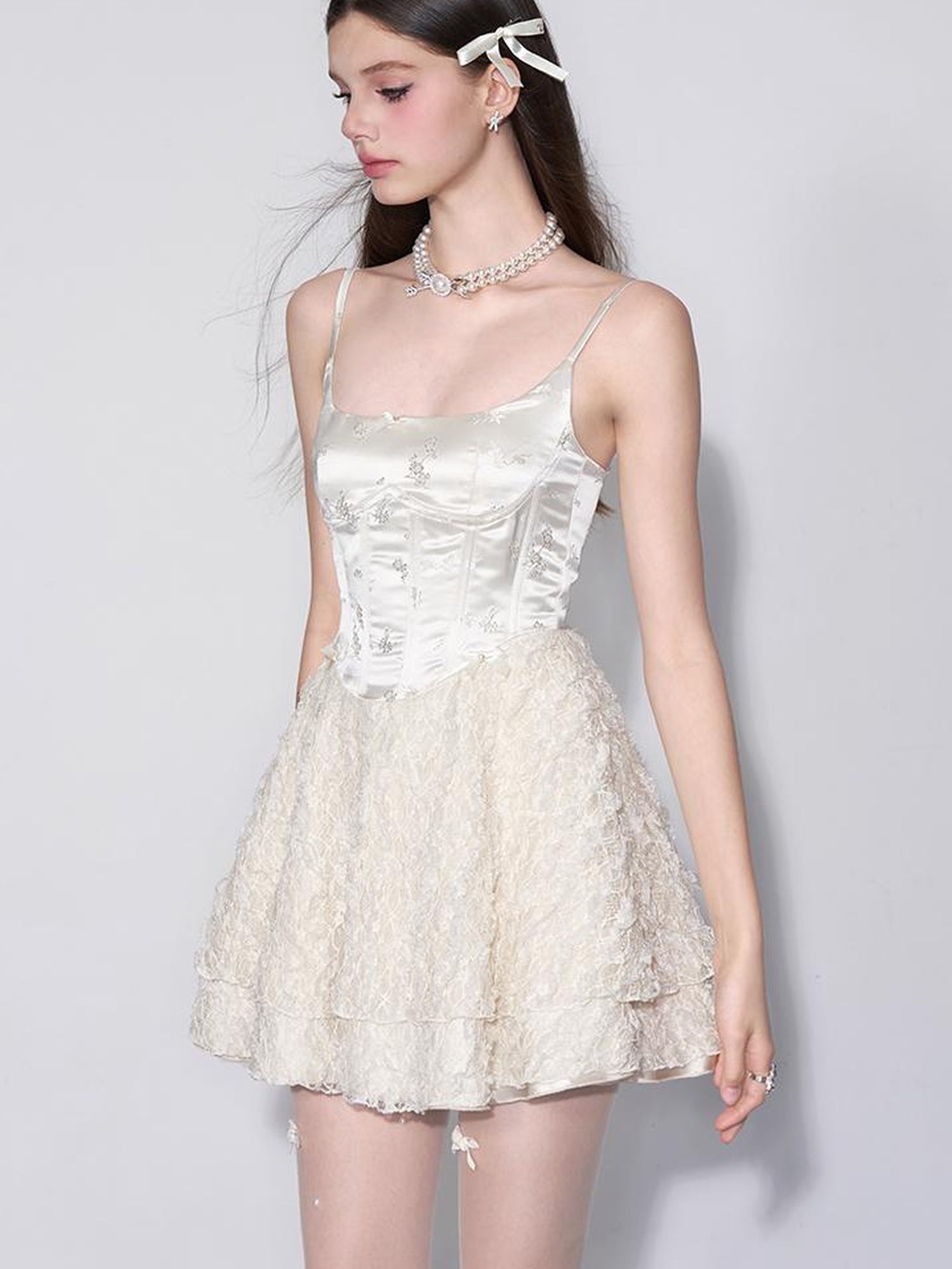 AFTADAWN White Tea Lace Embroidered Corset Bustier Dress V-neck Long-Sleeve