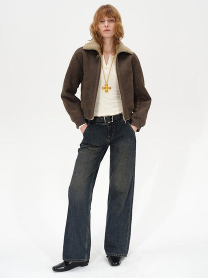 AFTADAWN Winter Shearling Collar Cropped Jacket