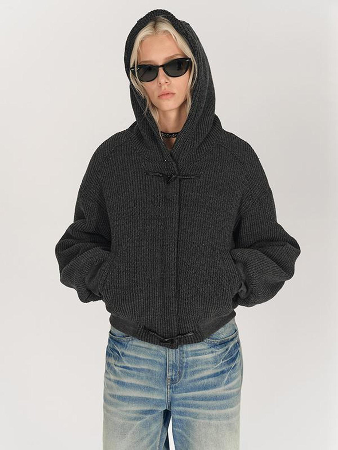 AFTADAWN Wool Blend Herringbone Hooded Coat With Horn Buttons