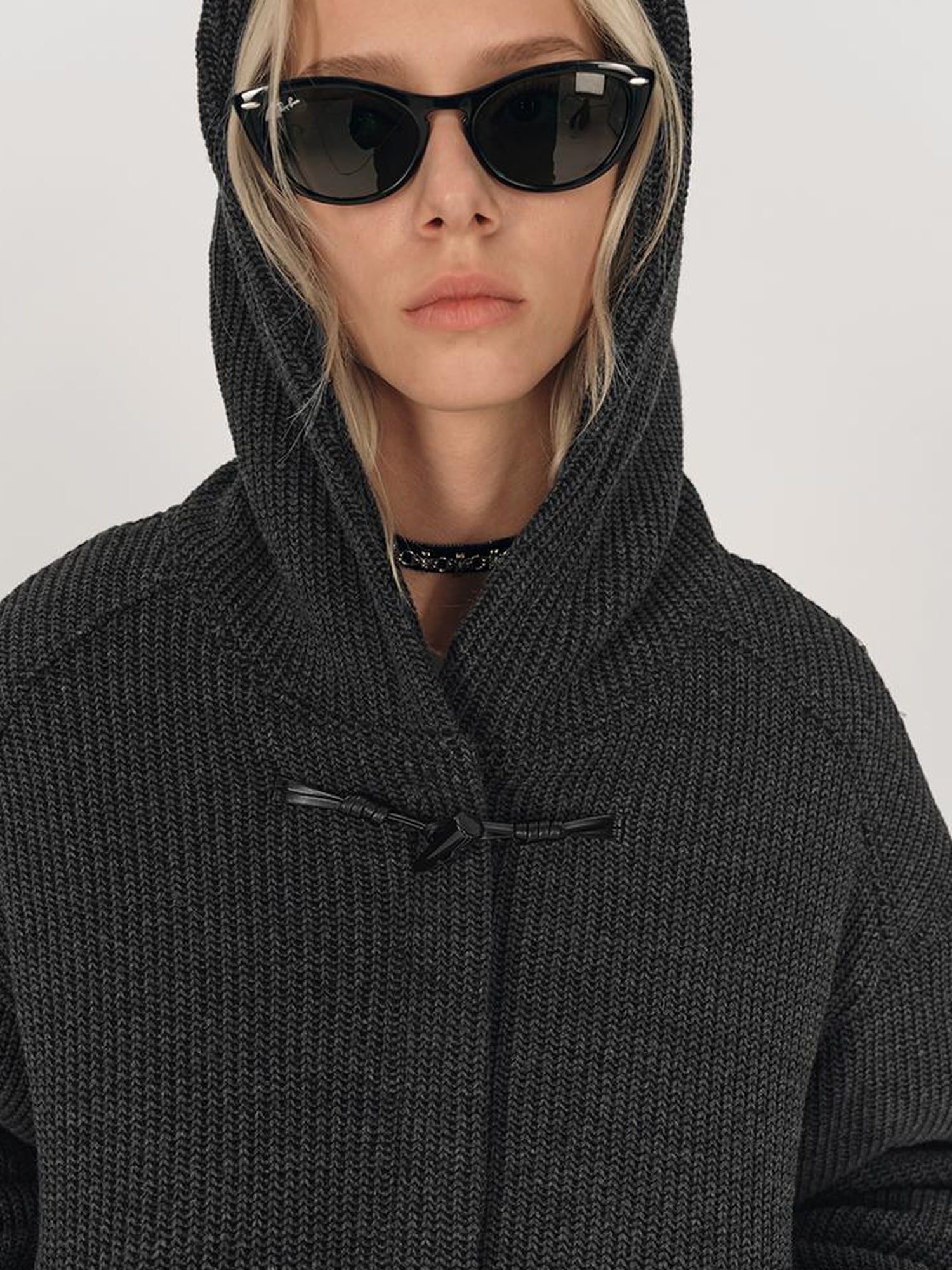 AFTADAWN Wool Blend Herringbone Hooded Coat With Horn Buttons