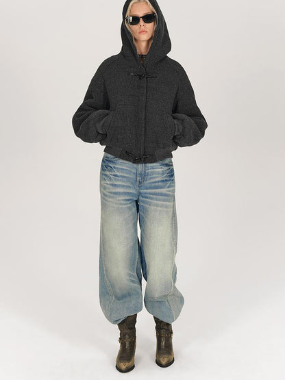 AFTADAWN Wool Blend Herringbone Hooded Coat With Horn Buttons