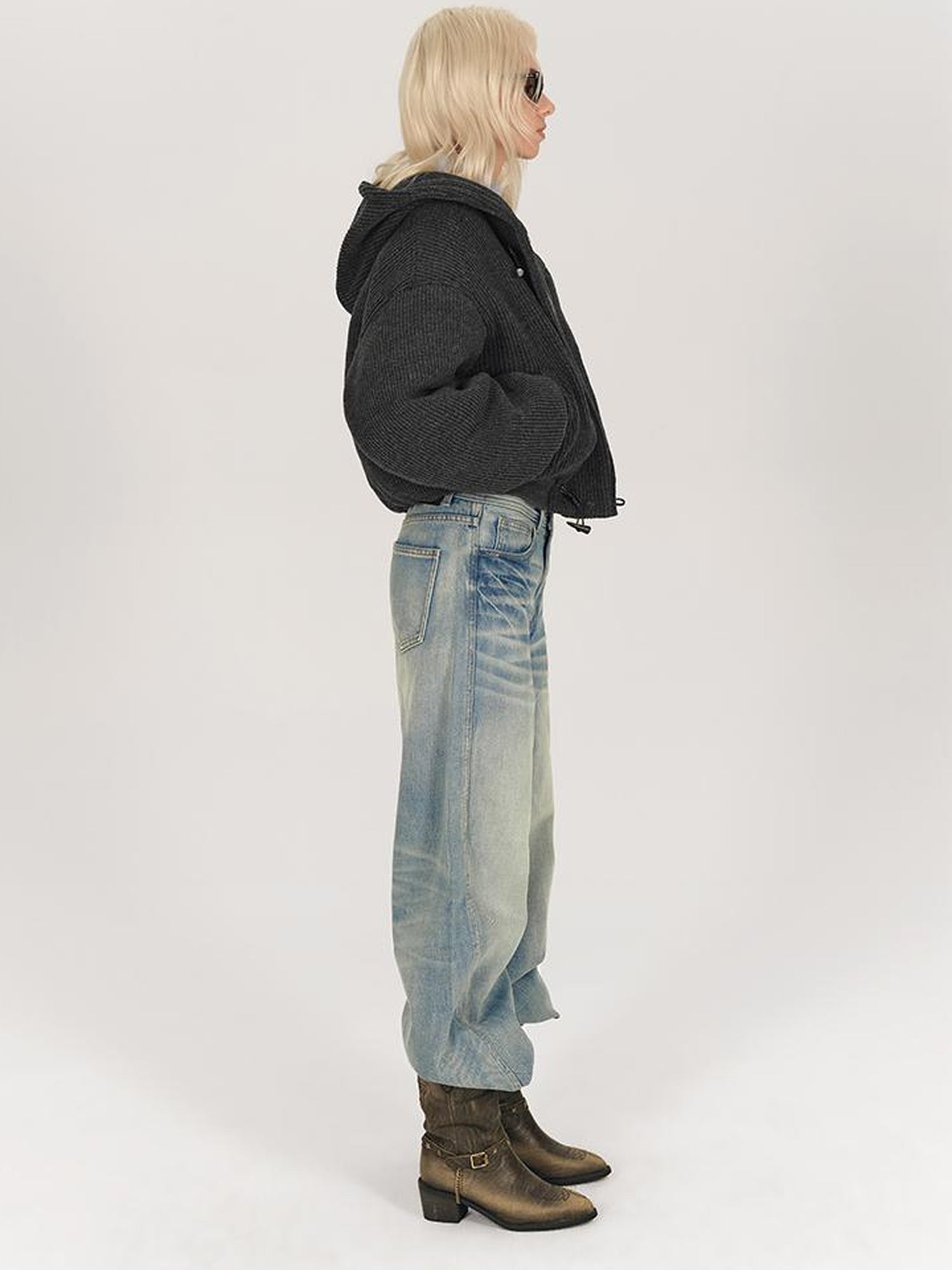 AFTADAWN Wool Blend Herringbone Hooded Coat With Horn Buttons