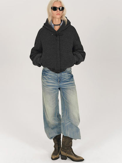 AFTADAWN Wool Blend Herringbone Hooded Coat With Horn Buttons
