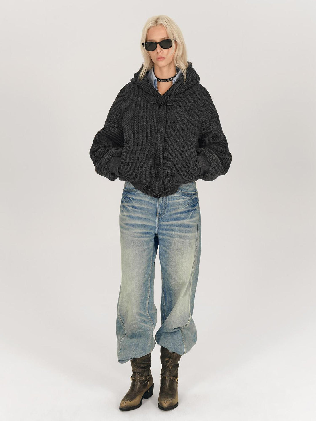 AFTADAWN Wool Blend Herringbone Hooded Coat With Horn Buttons