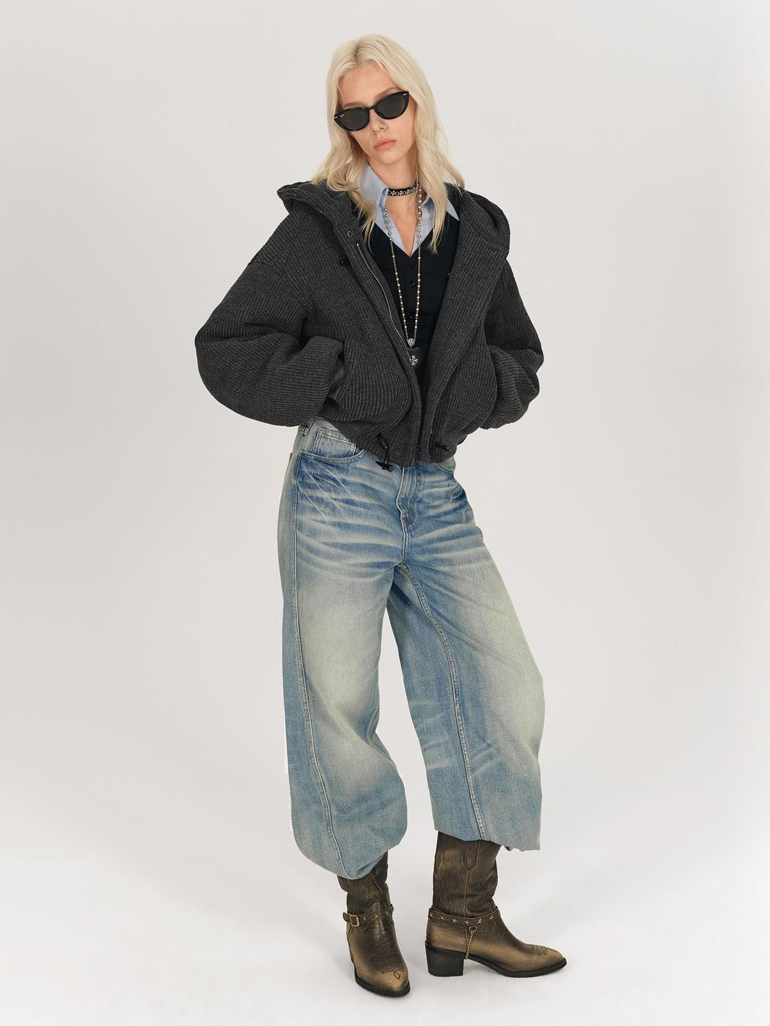 AFTADAWN Wool Blend Herringbone Hooded Coat With Horn Buttons