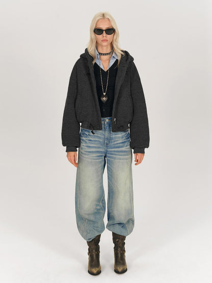AFTADAWN Wool Blend Herringbone Hooded Coat With Horn Buttons