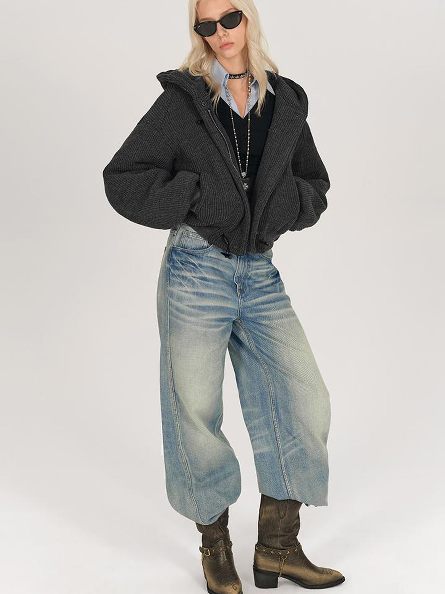 AFTADAWN Wool Blend Herringbone Hooded Coat With Horn Buttons