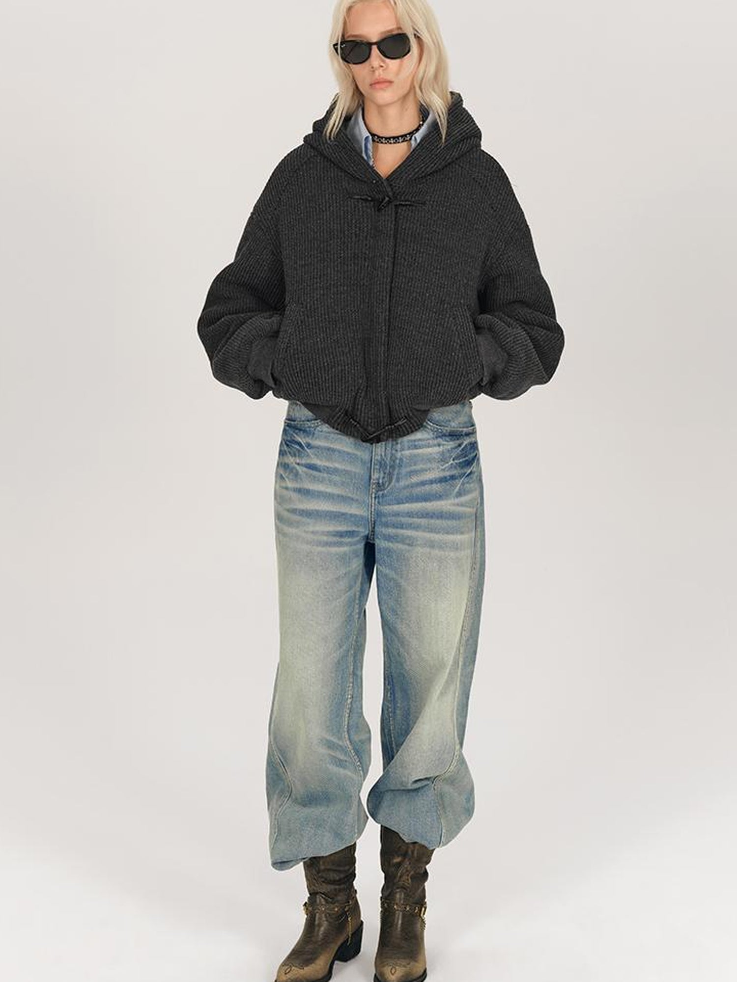 AFTADAWN Wool Blend Herringbone Hooded Coat With Horn Buttons