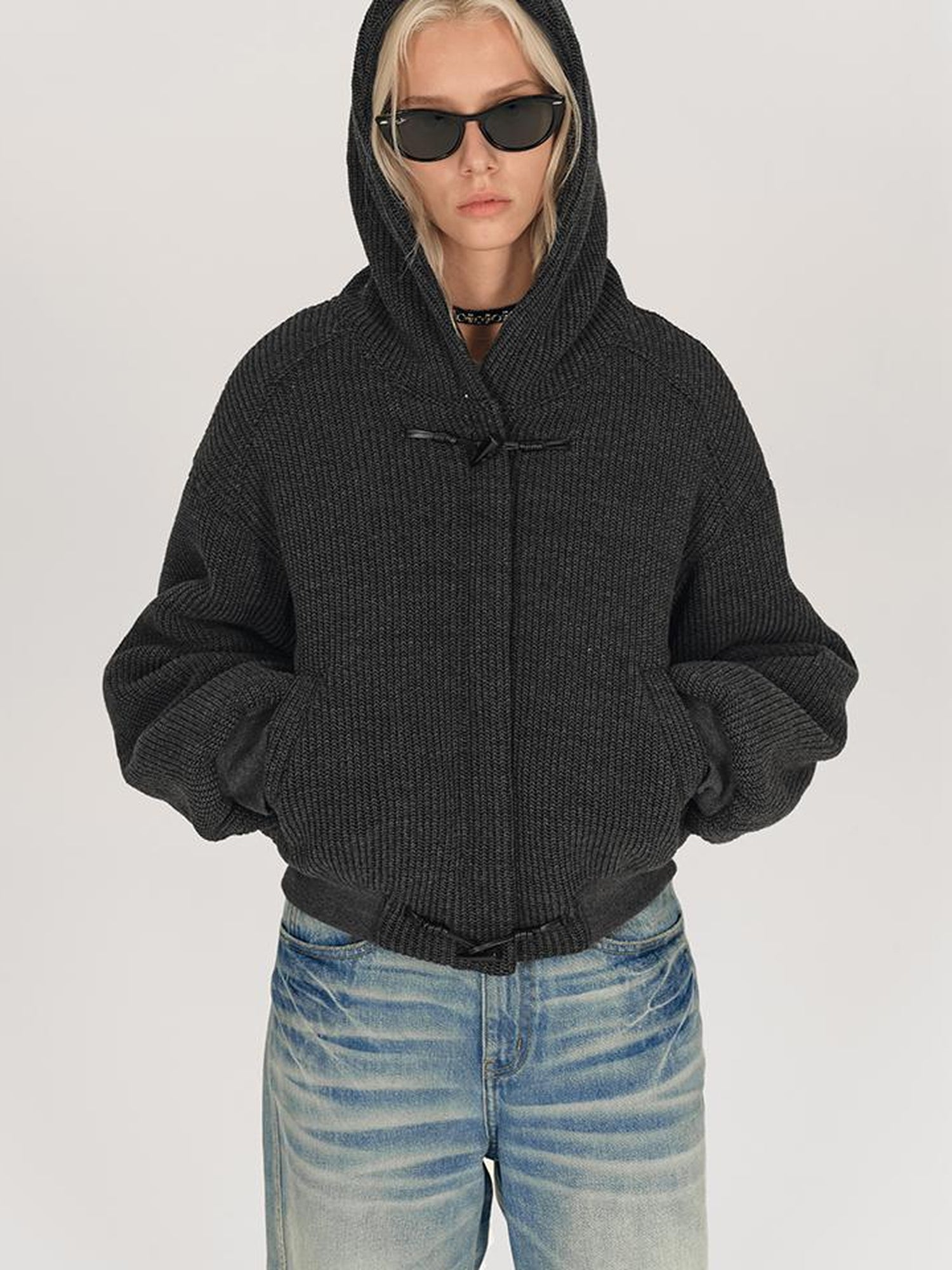 AFTADAWN Wool Blend Herringbone Hooded Coat With Horn Buttons