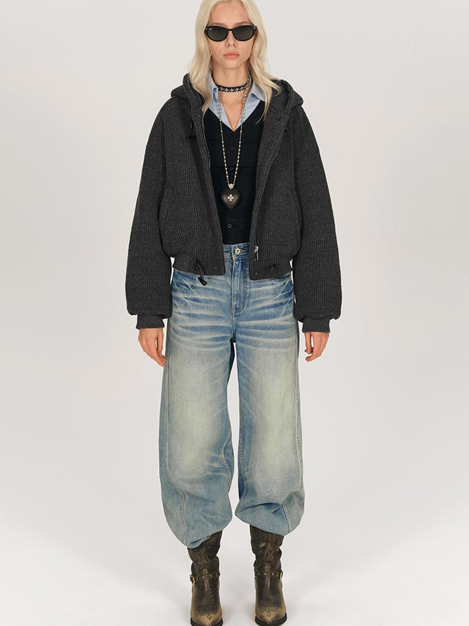 AFTADAWN Wool Blend Herringbone Hooded Coat With Horn Buttons